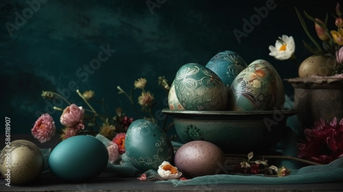 Beautifully Decorated Easter and Quail Eggs Displayed on a Dark Green and Moody Background in Celebration of the Easter Holiday and Spring - Generative AI © AnArtificialWonder