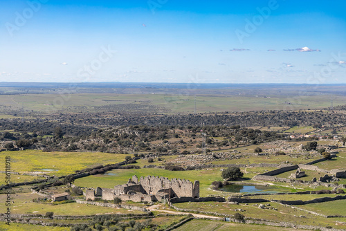 Panoramic view of the outskirts of the majestic and impressive monumental town of Trujillo  Extremadura  Spain.