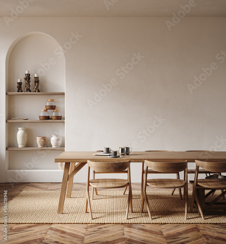 Home mockup, nomadic boho interior background with rustic decor, 3d render
