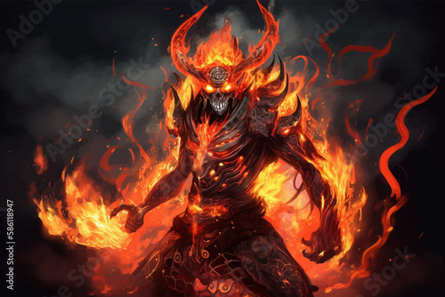 Flaming demon with horns and fire on a black background. The Fire Lord. Lord of Hell. 3d vector illustration. Digital drawing
