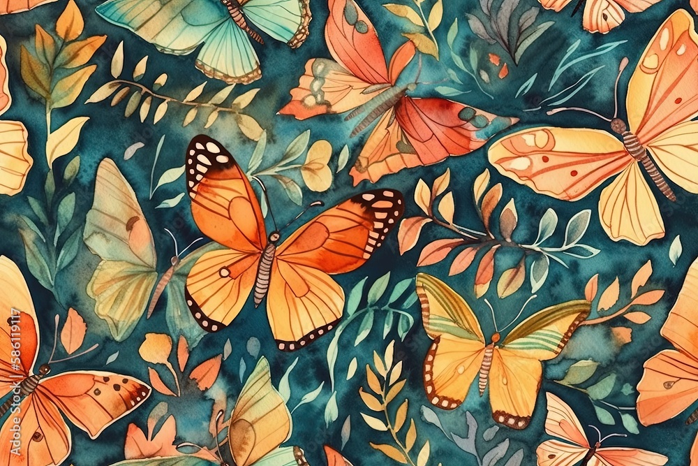 Illustration of colorful butterflies on a vibrant blue background created with Generative AI technology Illustration of colorful butterflies on a vibrant blue background created with Generative AI technology