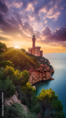 Beautiful view of the island at sunrise. Lighthouse on the cliff, trees and lake, sunset, a lot of clouds. Digital painting. Vector illustration