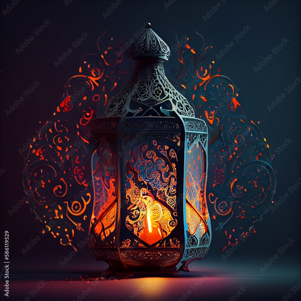 A lamp with a gold pattern on it, Ramadan lantern, Arabic lantern, Islamic  lantern, Ramadan lamp, Arabic lantern of Ramadan celebration, Ramadan  lantern illustration, Generative AI Stock Illustration