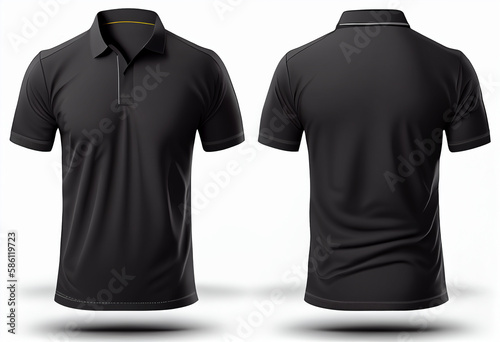 Black polo shirts mockup front and back used as design template, isolated on white background. Generative Ai.