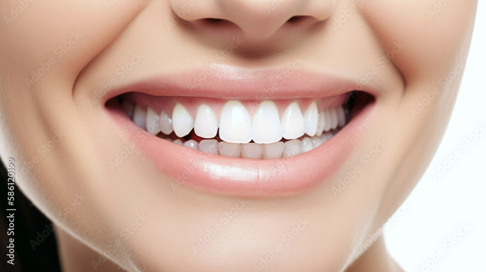 Smile of a charming girl with perfect white teeth close up. Generative AI Smile of a charming girl with perfect white teeth close up. Generative AI