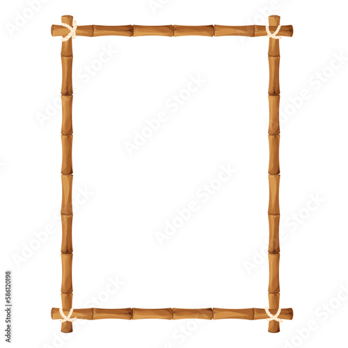 Bamboo border frame with rope in cartoon style, decoration isolated on white background stock vector illustration. Hawaiian, tribal blank from sticks.