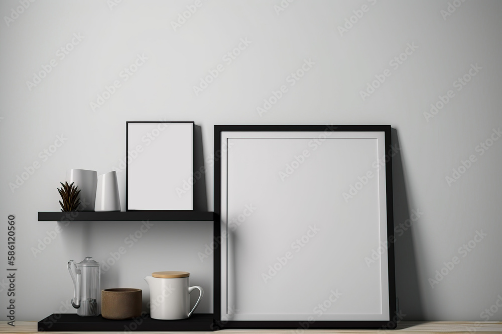 Black wooden frame mockup in white minimalist Rustic interior with kettle and decor items in the kitchen.Empty white wall background. Black wooden frame mockup in white minimalist Rustic interior with kettle and decor items in the kitchen.Empty white wall background.
