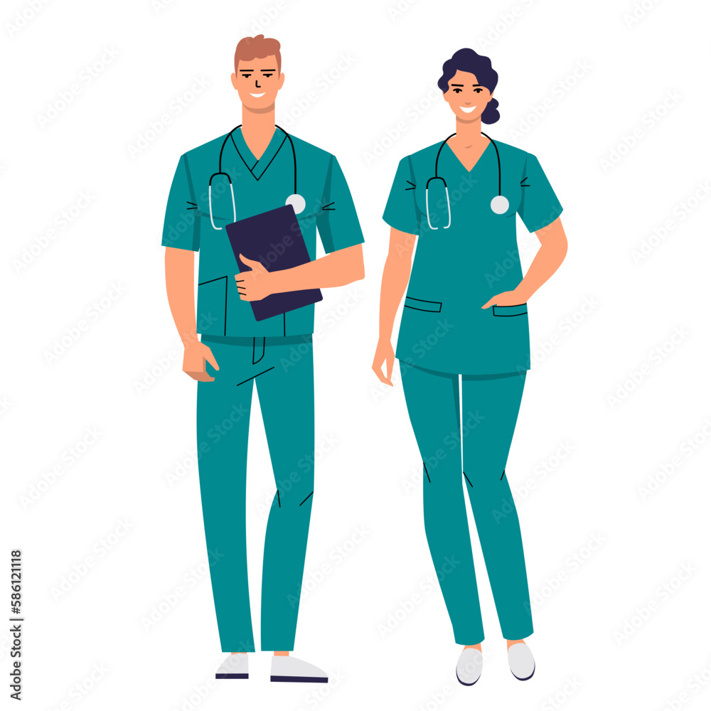 Couple of doctors. Nurse stands and keeps her hand in her pocket. Male nurse holding clipboard. Medical workers with a stethoscope and wearing scrubs. The characters are smiling. Flat vector isolated. Couple of doctors. Nurse stands and keeps her hand in her pocket. Male nurse holding clipboard. Medical workers with a stethoscope and wearing scrubs. The characters are smiling. Flat vector isolated.