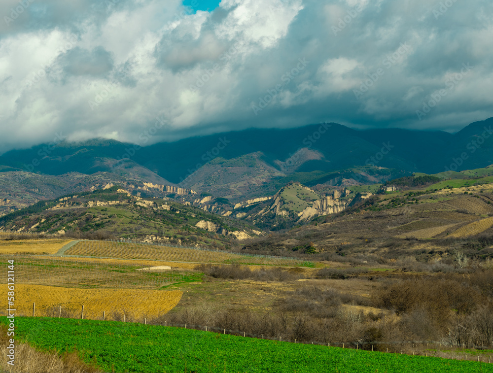 Fields with vineyards on the wine road near Melnik Bulgaria
