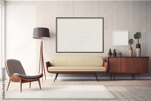 Mid century modern interior frame mockup in empty room with white wall, dresser, console, lounge chair, armchair, floor lamp, plant