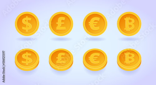 Currency vector icon set: dollar, euro, pound sterling, bitcoin. Set of three dimensional icon coins. 3D Web Vector Illustrations.