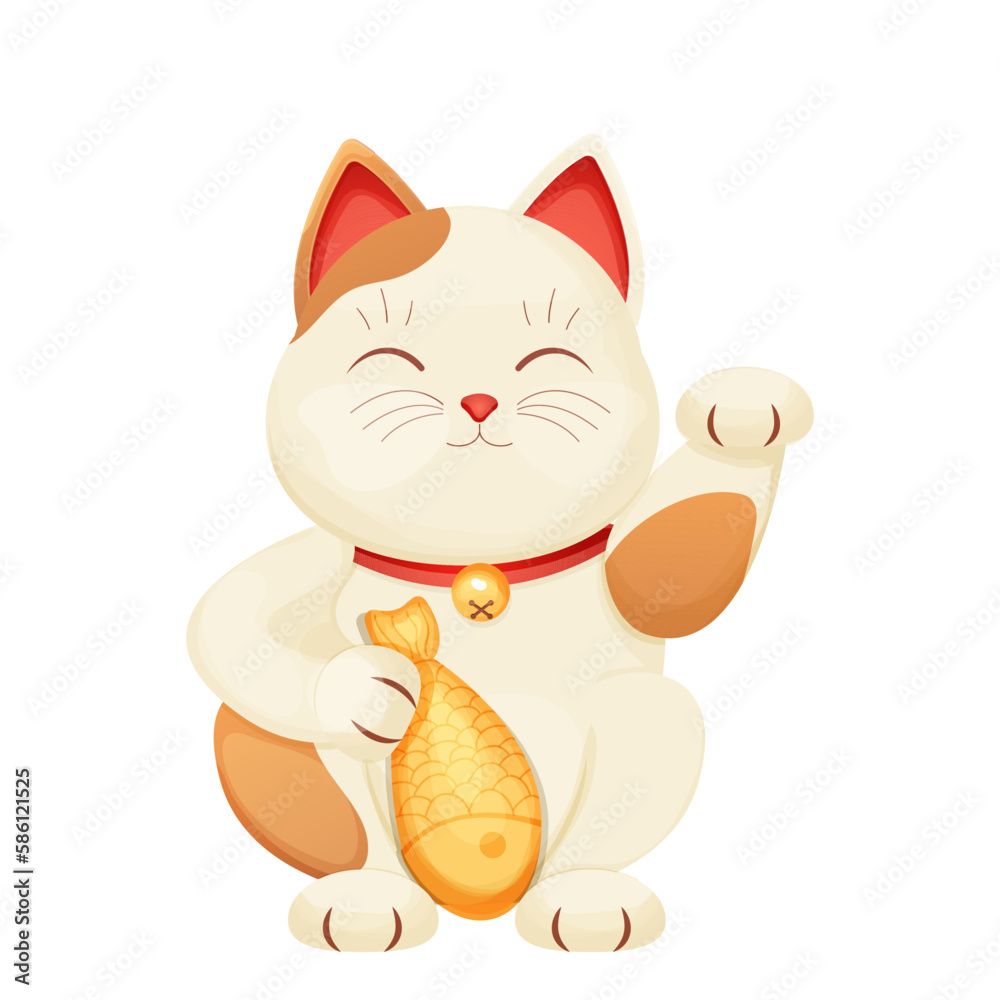 Maneki neko cat tradition figure lucky symbol, pet with collar and bell, golden fish in cartoon style isolated on white background