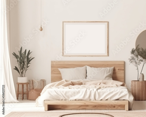 Bedroom frame mockup in boho style with wooden bed, fringed beige blanket, linen cushion with tassels, dried pampas grass and basket lamp on empty white background © Eli Berr