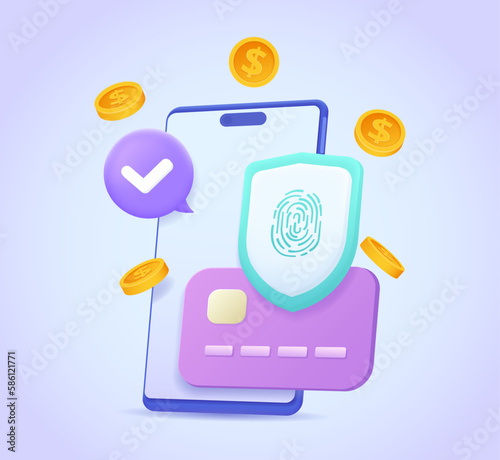Smartphone, plastic credit card and shield vector illustration. Smart phone icon 3d in perspective. Online payment, safe money transfer concept for landing page, web, mobile app, poster, banner, flyer