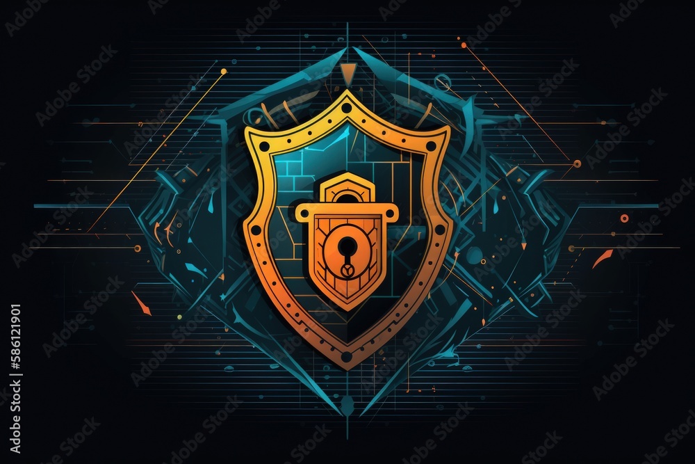 Fototapeta premium Cyber Security Concept Art: Shield Key Lock Emerging from Laptop Screen Against Dark Blue Background