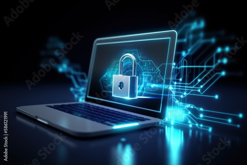 Cyber Security Concept Art: Shield Key Lock Emerging from Laptop Screen Against Dark Blue Background