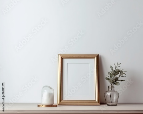Golden vintage frame mockup in interior with plant  on empty neutral white wall background