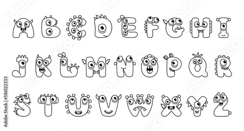 Monster alphabet coloring page book. Coloring page english alphabet for children with funny and sad monsters. Funny alphabet of cartoon characters vector font letters of comic monster creature faces
