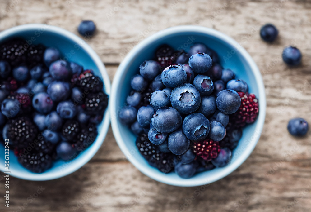 delicious healthy fresh blueberries lie in a bowl on a wooden table, generative AI delicious healthy fresh blueberries lie in a bowl on a wooden table, generative AI