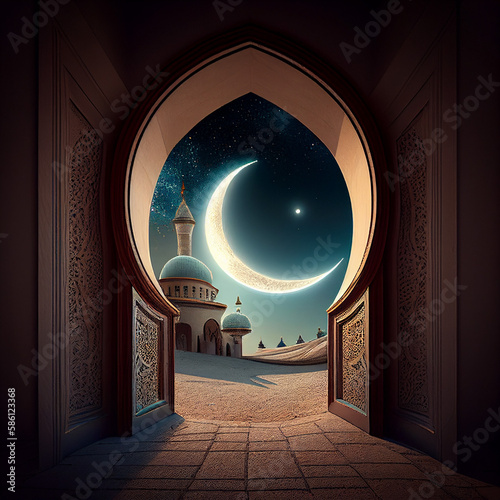 crescent moon mosque seen through muslim style arch, generative AI photo
