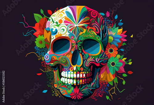 colorful mexican skull painted with mexican patterns, generative AI