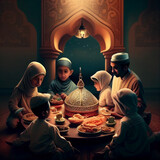 muslim family celebrate ramadan by eating iftar, generative AI
