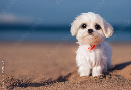 cute small maltese puppy on summer beach on sunny day, geneative AI © Paulina