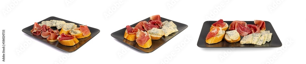 Prosciutto Tapas and Mold Cheese on Black Plate, Spanish Jamon Slices, Parma Ham, Sliced Serrano, Iberico