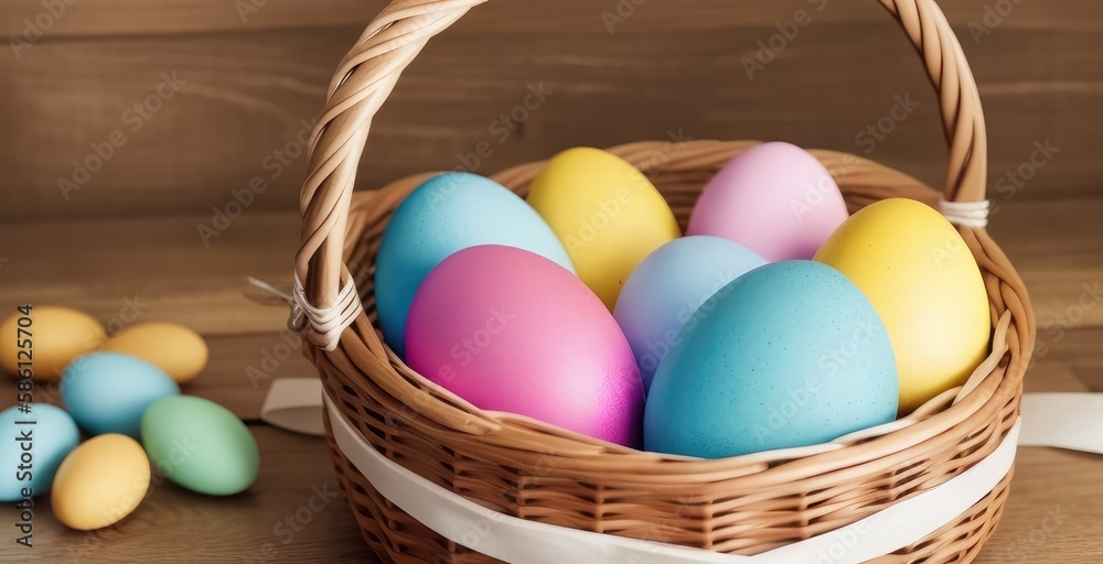 Colorful Easter Eggs in a Basket, Easter Holiday, Easter Decorations, Easter Background