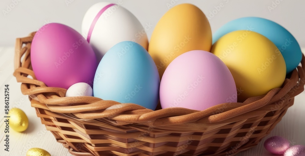 Colorful Easter Eggs in a Basket, Easter Holiday, Easter Decorations, Easter Background Colorful Easter Eggs in a Basket, Easter Holiday, Easter Decorations, Easter Background