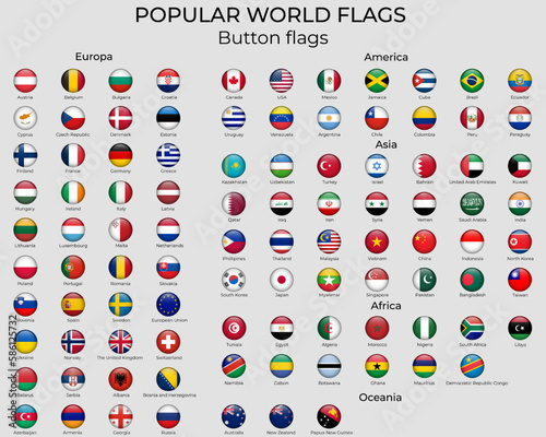 Vector round flags of the world. Button flags. Official RGB coloring. Popular world flags set.