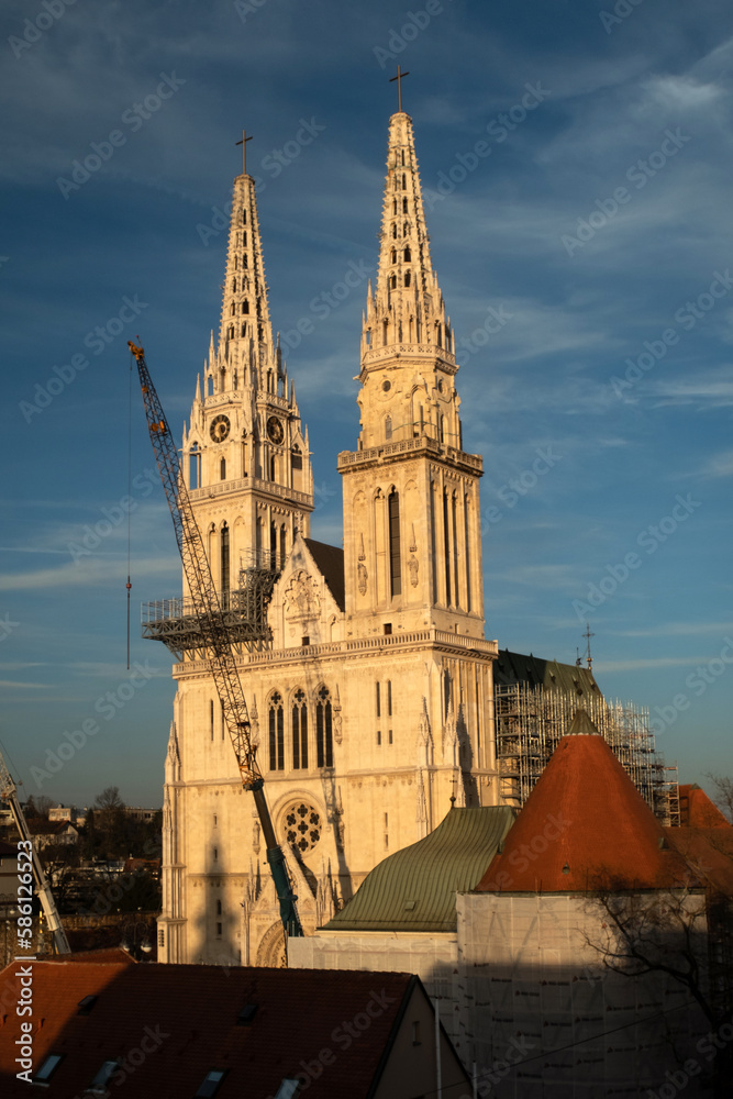 The silhouette of famous gothic catholic cathedral church of Zagreb, Croatia located in the tourist center of the city called Gornji grad (Uptown)