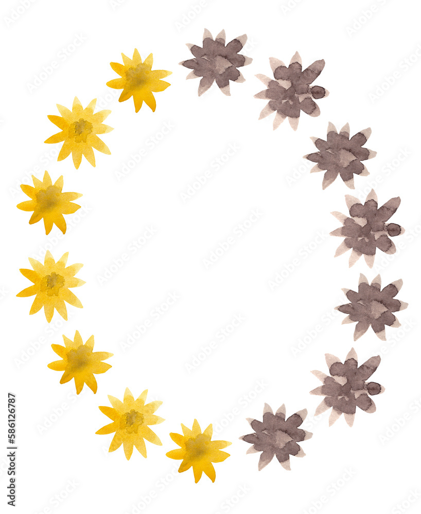 Floral frame. Oval shape. Isolated illustration. Composition of a range of yellow and brown flowers