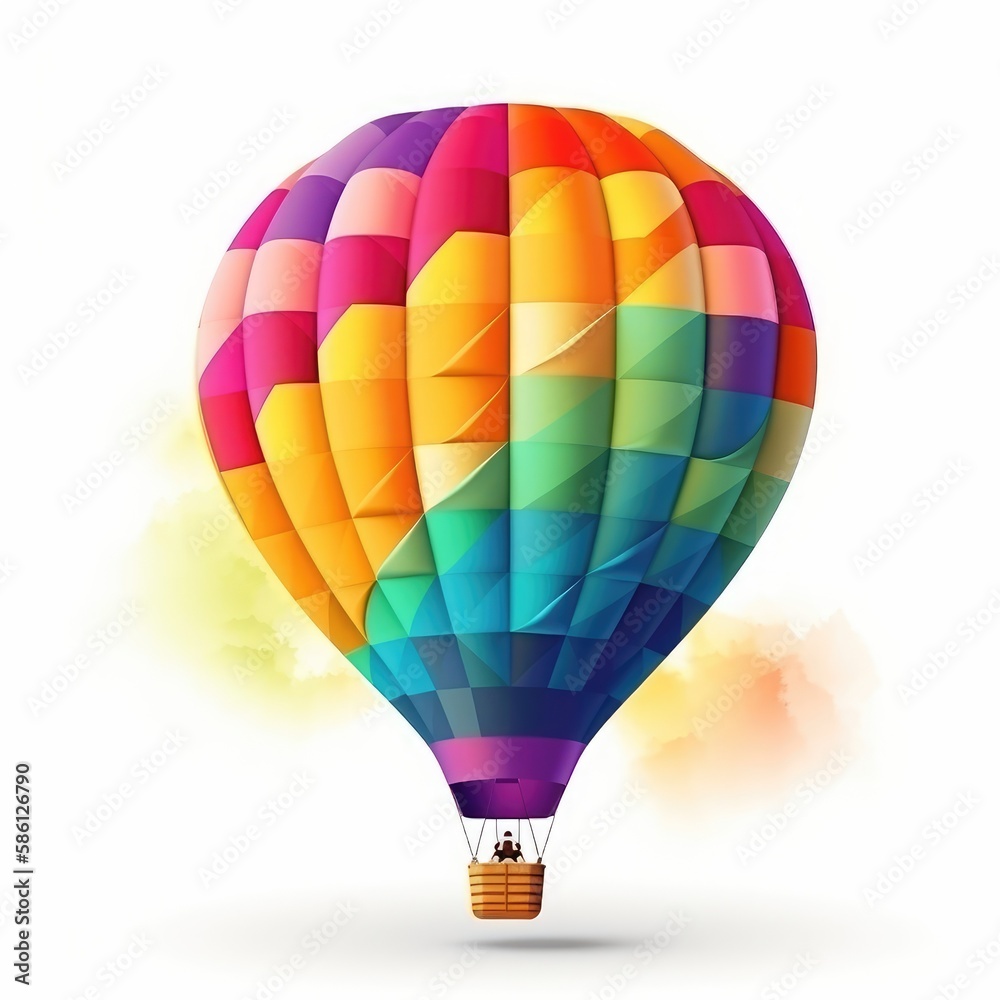 Fototapeta premium Hot air balloon in travel and adventure concept, colorful and isolated on white. A floating symbol of freedom and exploration. Generative AI