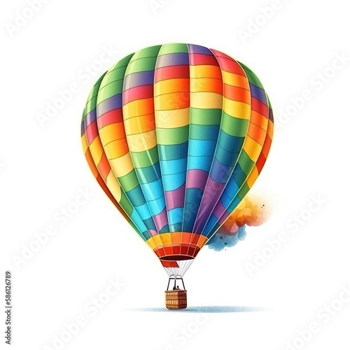 Hot air balloon in travel and adventure concept, colorful and isolated on white. A floating symbol of freedom and exploration. Generative AI