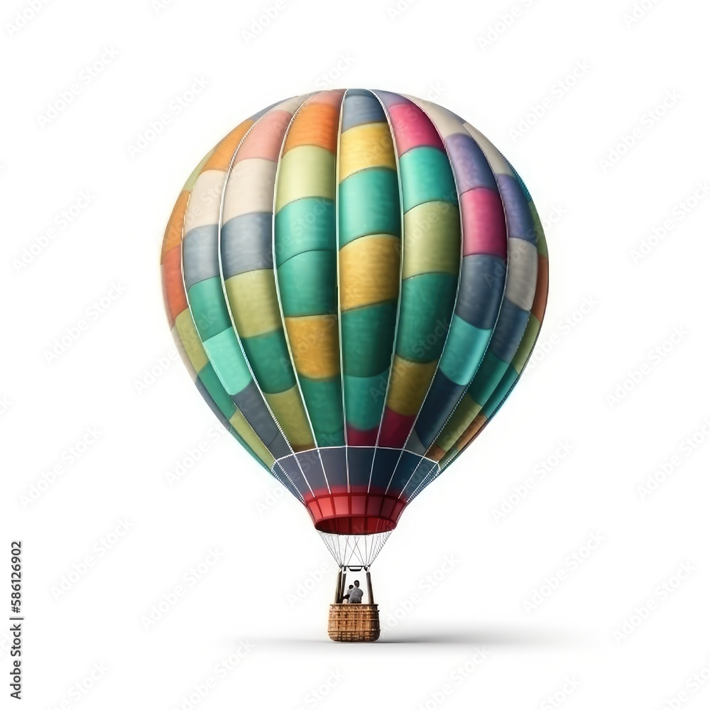 Fototapeta premium Hot air balloon in travel and adventure concept, colorful and isolated on white. A floating symbol of freedom and exploration. Generative AI