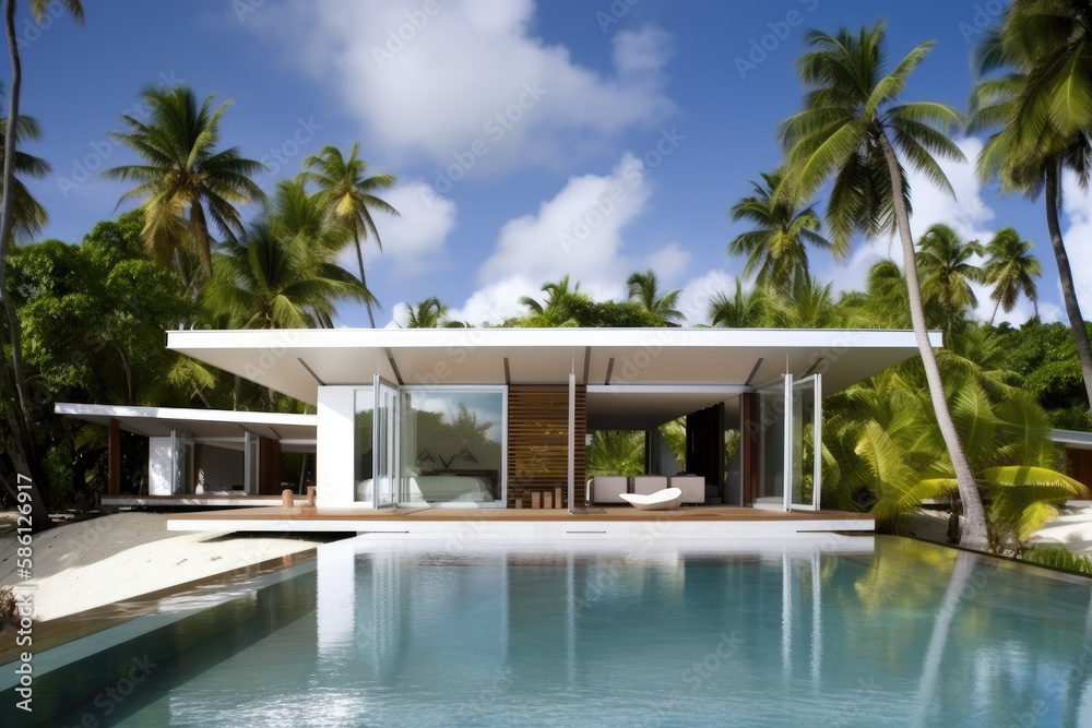 Generative AI luxury house with swimming pool and palm trees on a sunny day