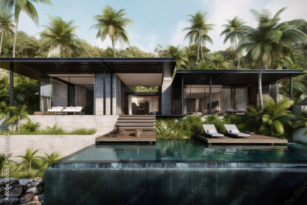 Generative AI designer house with pool and palm trees on a sunny day