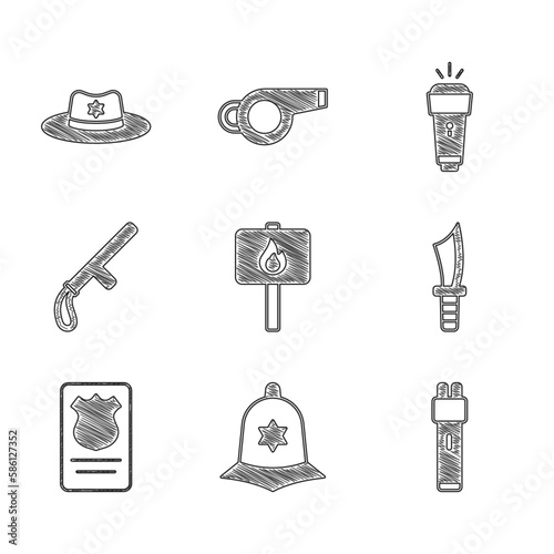 Set Protest, British police helmet, Police electric shocker, Military knife, badge with id case, rubber baton, Flashlight and Sheriff hat icon. Vector