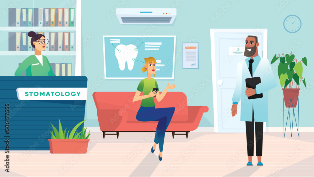 Dentistry concept with people scene in the background cartoon design. Woman is waiting in the corridor of dentistry for an appointment with a doctor. Vector illustration.