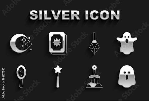 Set Magic wand, Ghost, Sword in the stone, hand mirror, Moon stars and Tarot cards icon. Vector
