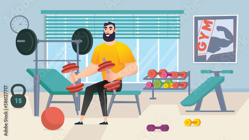 Fitness gym concept with people scene in the background cartoon style. Man does exercises with dumbbells to pump up his body. Vector illustration.