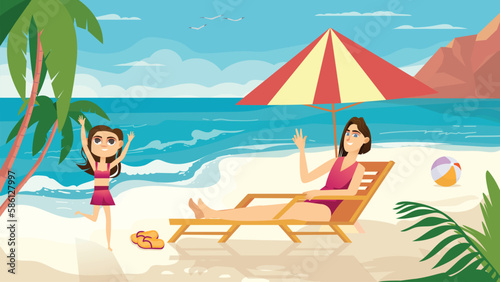 Beach concept with people scene in the background cartoon style. Mother sunbathes on the beach and watches her daughter play on the beach. Vector illustration.