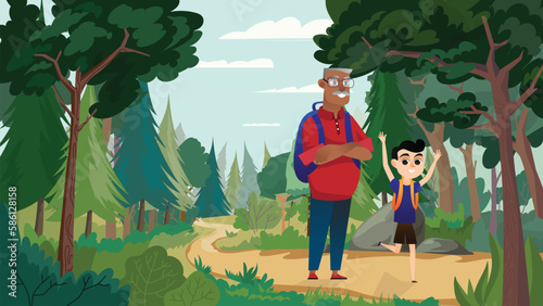 Hiking in the forest concept with people scene in the background cartoon style. Man took his son on a camping trip to the forest. Vector illustration.