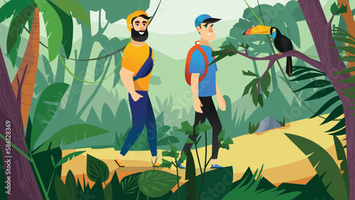Trip to the jungle concept with people scene in the background cartoon design. Two friends travelling in the jungle. Vector illustration.