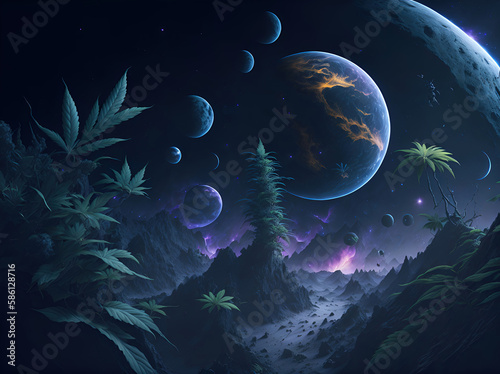 A cosmic exploration of the universe, with cannabis plants everywhere, a view of planets, nebula, moon, and celestial phenomena, Generative AI