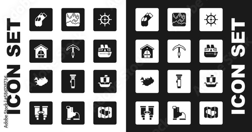 Set Ship steering wheel, Pickaxe, Farm house, Socks, Cruise ship, Northern lights, Viking Drakkar and Map of Iceland icon. Vector