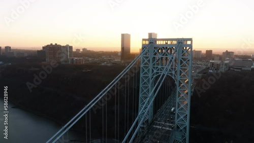 Traffic on the George Washington, the world's busiest bridge, in New York, USA - Descending, drone shot photo