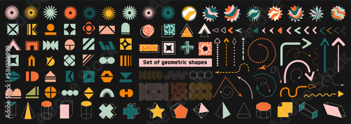 Collection of brutalist abstract geometric shapes  monoline elements  arrows  stars. Suitable for graphic design  posters  merch  and flyers. Vector.