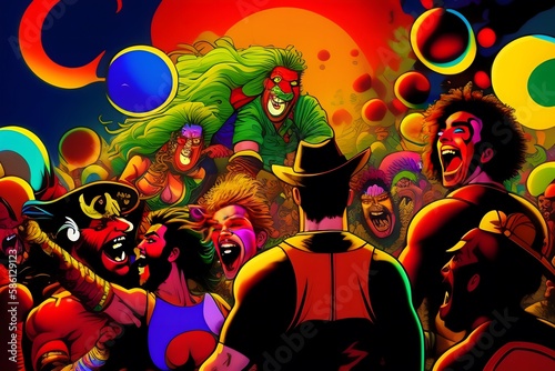 Rendering of Bedlam of Wacky Individuals: A Psychotic Cartoon Assembly. Generative AI. 